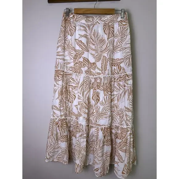 Nanette Lepore White Brown Leaf Print Tiered Midi Skirt Rayon Blend Size L - Picture 5 of 5